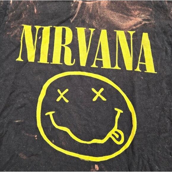 Y2k Nirvana Smiley Face Bleach Dyed Black Tee T Shirt Adult Size Medium Kurt - Picture 2 of 4